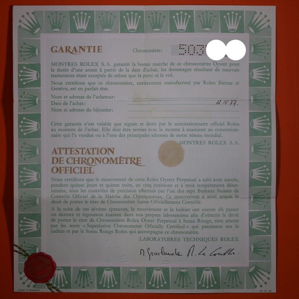 Rolex Garantía Submariner 1680 Punched 1977