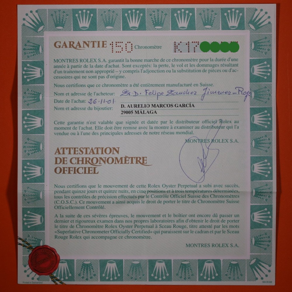 Rolex Garantía Submariner 16610 Punched 2000