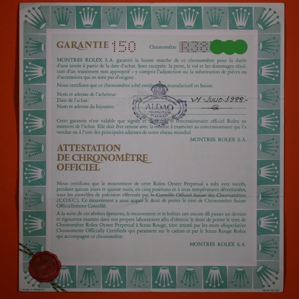 Rolex Garantía Submariner 16800 Punched 1988