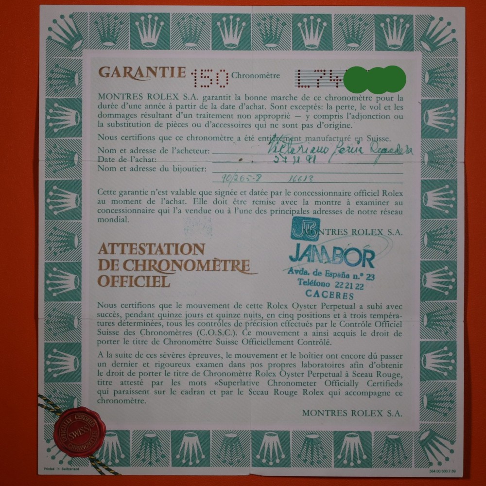 Rolex Garantía Submariner Mixto 16613 Punched 1989