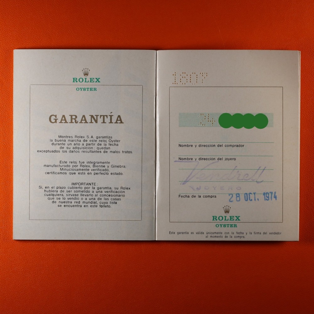 Rolex 1807 Garantía Day-Date Oro Punched 1974