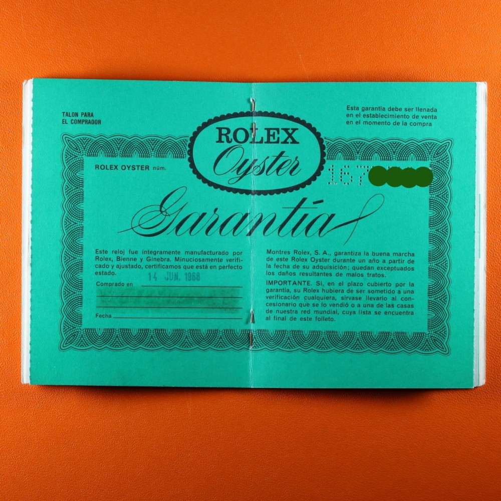 Rolex Garantia Papeles Referencia en Blanco Fecha 1968